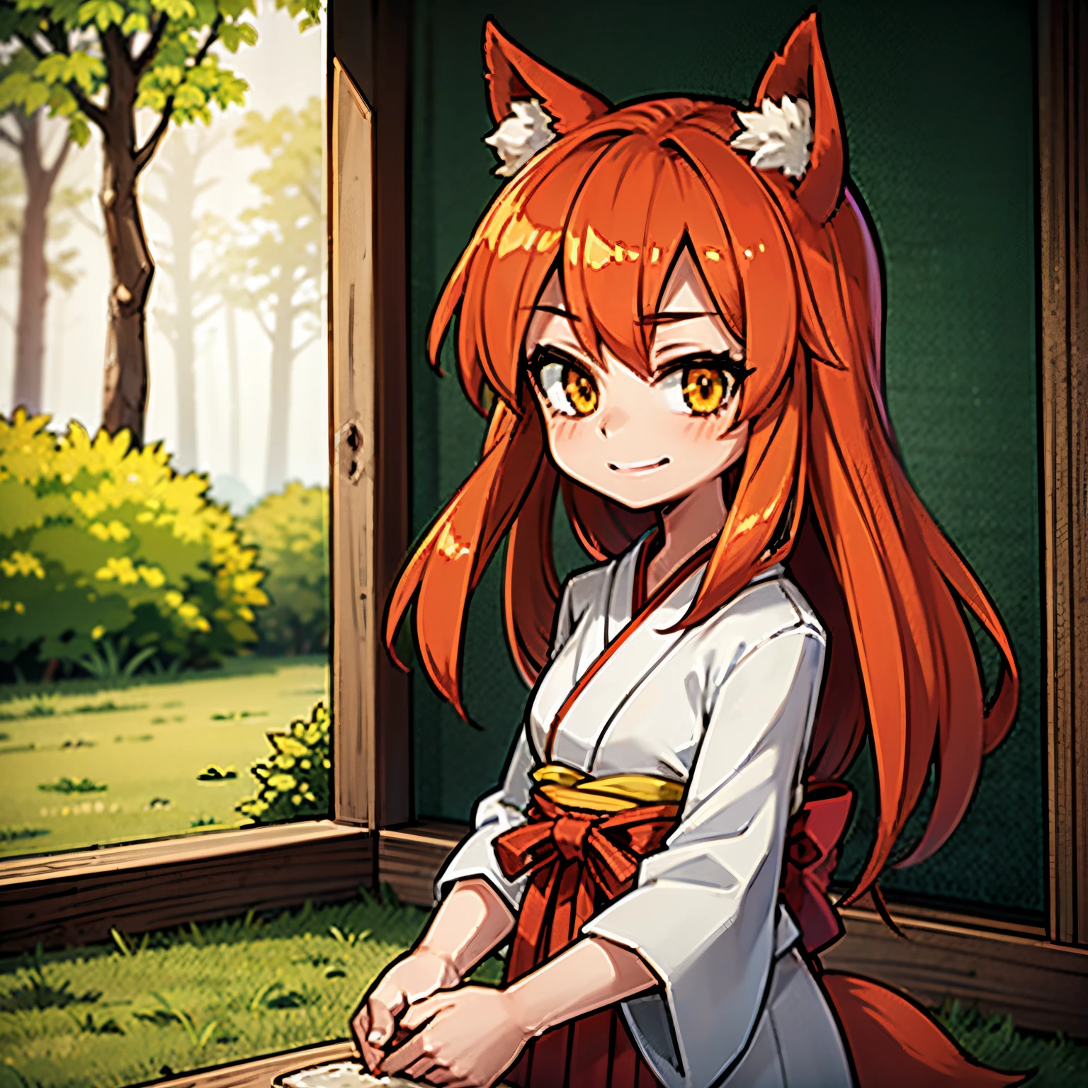 1 girl, Kitsune, red hair, long hair, yellow eyes, red fox ear in head,1 fox tail, with white kimono, xinto kimono, in a forest, smiling, 4k, masterpiece, best quality, realistic anime