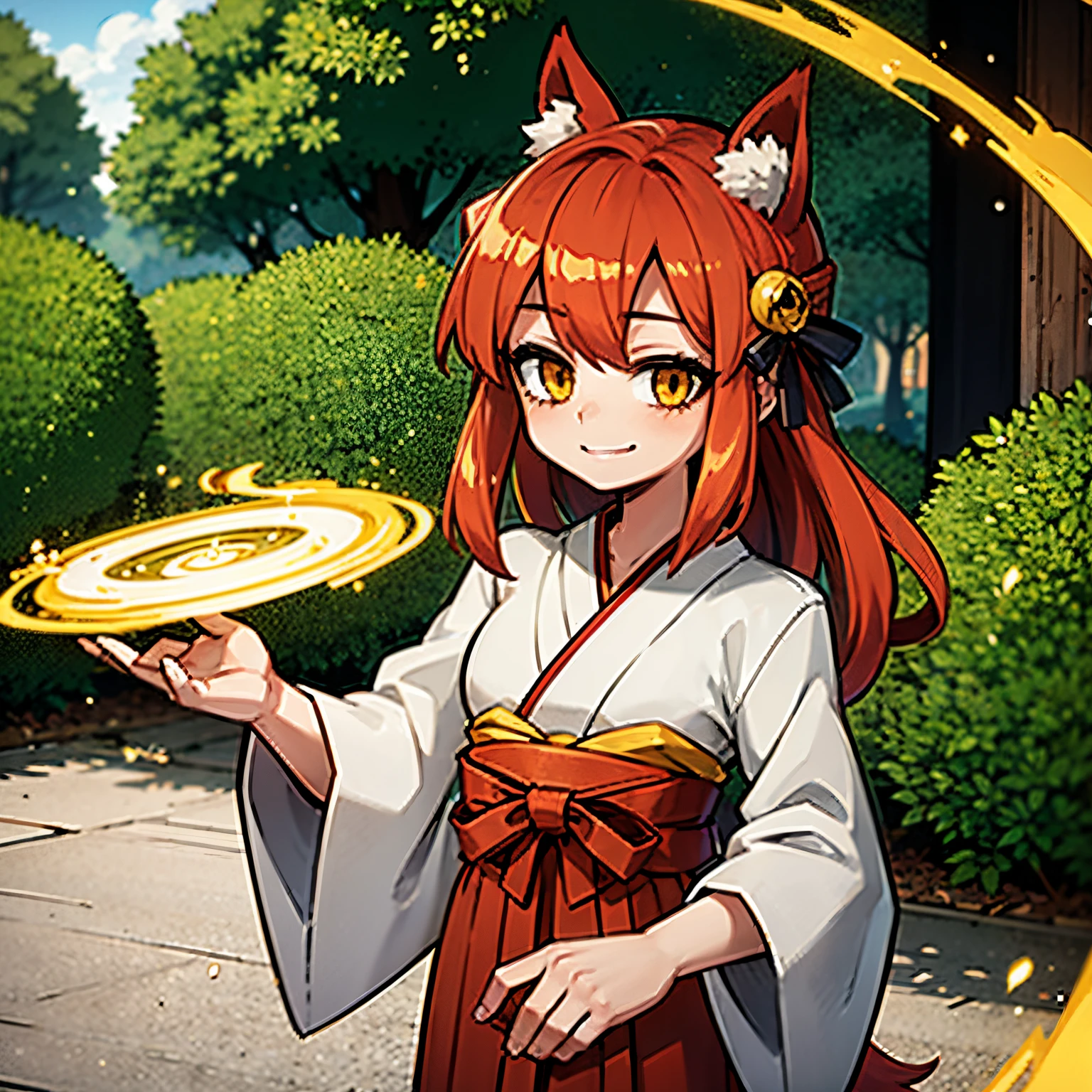 1 girl, Kitsune, red hair, long hair, yellow eyes, red fox ear in head,1 fox tail, with white kimono, xinto kimono, in a forest, smiling, 4k, masterpiece, best quality, realistic anime