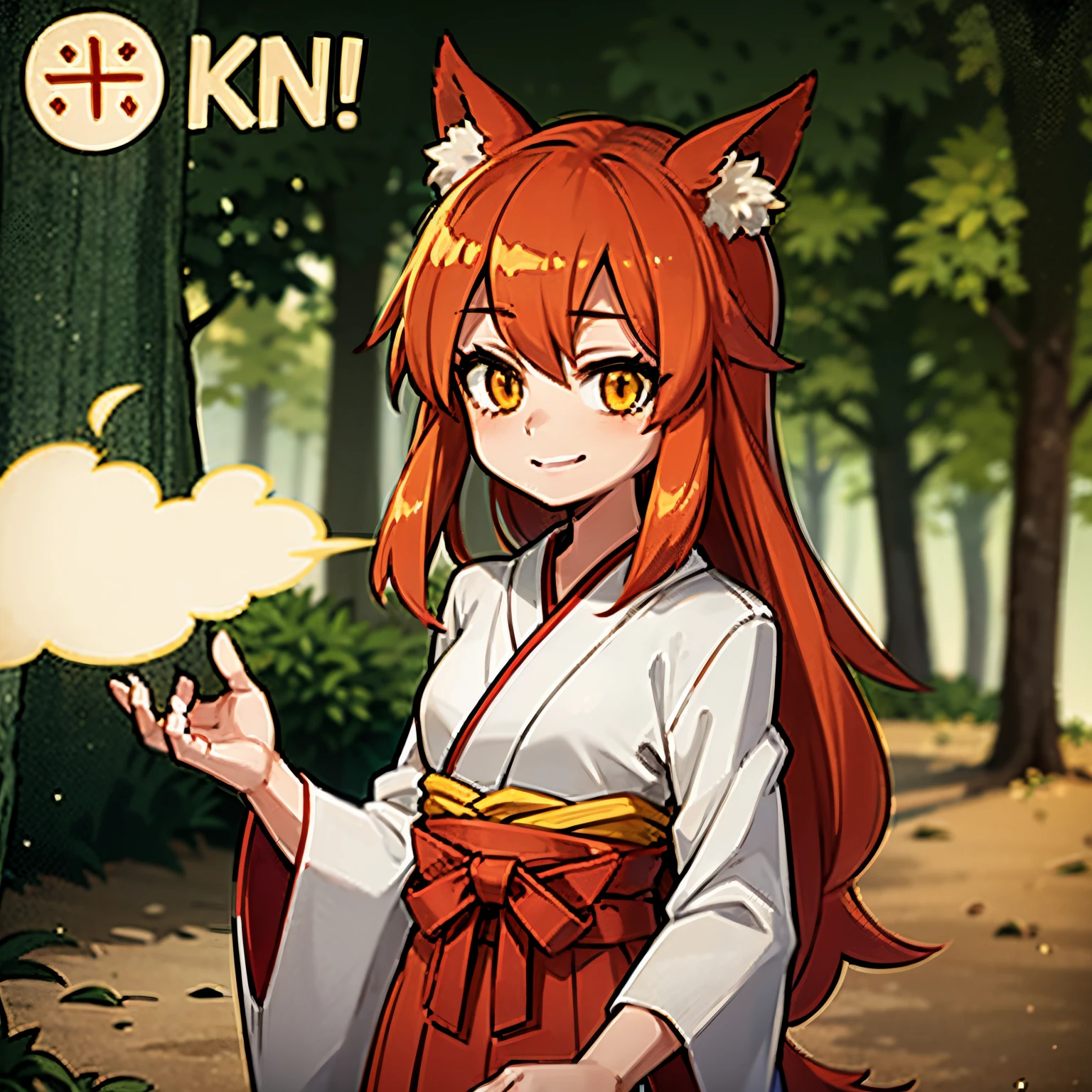 1 girl, Kitsune, red hair, long hair, yellow eyes, red fox ear in head,1 fox tail, with white kimono, xinto kimono, in a forest, smiling, 4k, masterpiece, best quality, realistic anime