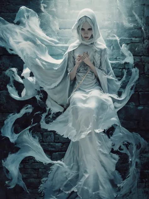 ghostlystyle, Emma Watson, ghostdarksouls, ghostly mist, (transparent, floating), gothic horror, tattered ghostly clothes, grey ...