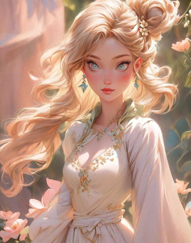 Close-up of a woman in a dress holding a flower, beautiful character painting, beautiful fantasy maiden, beautiful fantasy art, Beautiful Maiden, beautiful digital illustration, beautiful digital artwork, blonde - haired princess, exquisite digital illustration, beautiful digital painting, elegant digital painting, very beautiful fantasy art, gorgeous digital painting, beautiful gorgeous digital art, beautiful fantasy art portrait, beautiful digital art