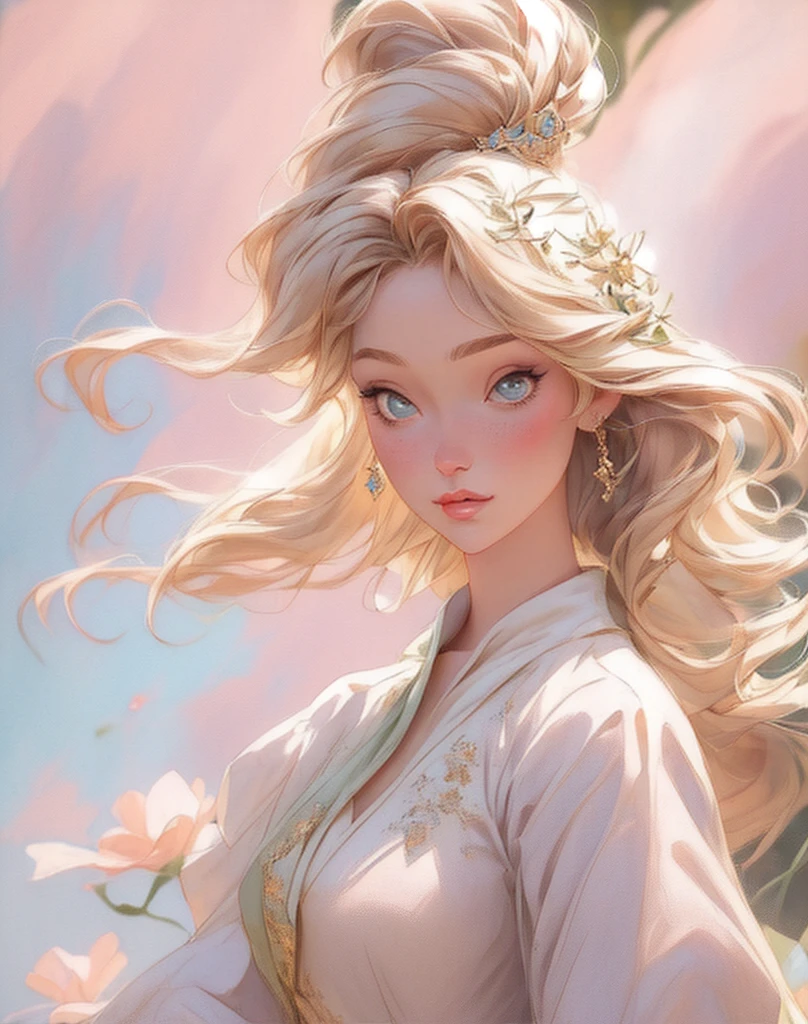 Close-up of a woman in a dress holding a flower, beautiful character painting, beautiful fantasy maiden, beautiful fantasy art, Beautiful Maiden, beautiful digital illustration, beautiful digital artwork, blonde - haired princess, exquisite digital illustration, beautiful digital painting, elegant digital painting, very beautiful fantasy art, gorgeous digital painting, beautiful gorgeous digital art, beautiful fantasy art portrait, beautiful digital art