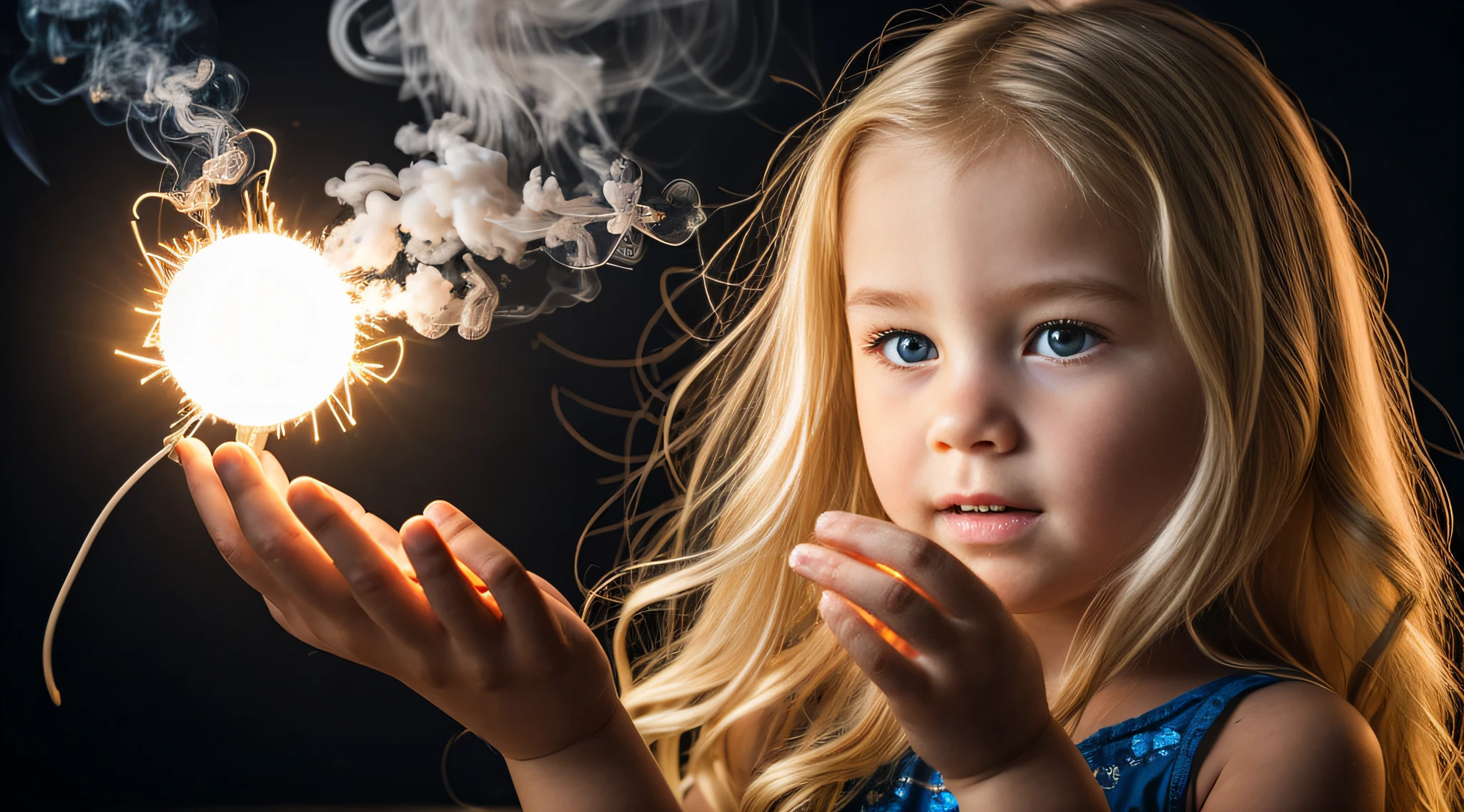 a close-up of a blonde child with long hair, BIG BALL OF electrified ICE IN HANDS. FUMO ESCURO