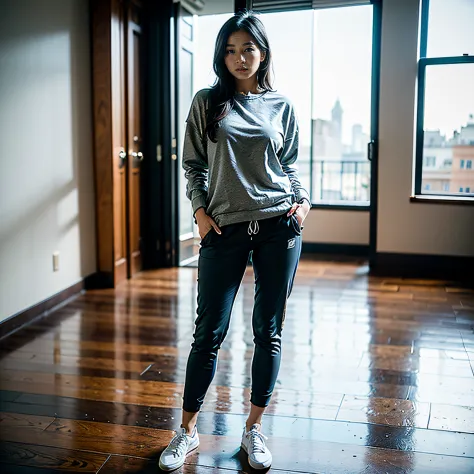 1 woman named Kimmie Miso, standing on modern staircase, natural light, stainless steel, glass, jogging bottoms, baggy sweater, messy black hair, camera looking up stairs from floor,