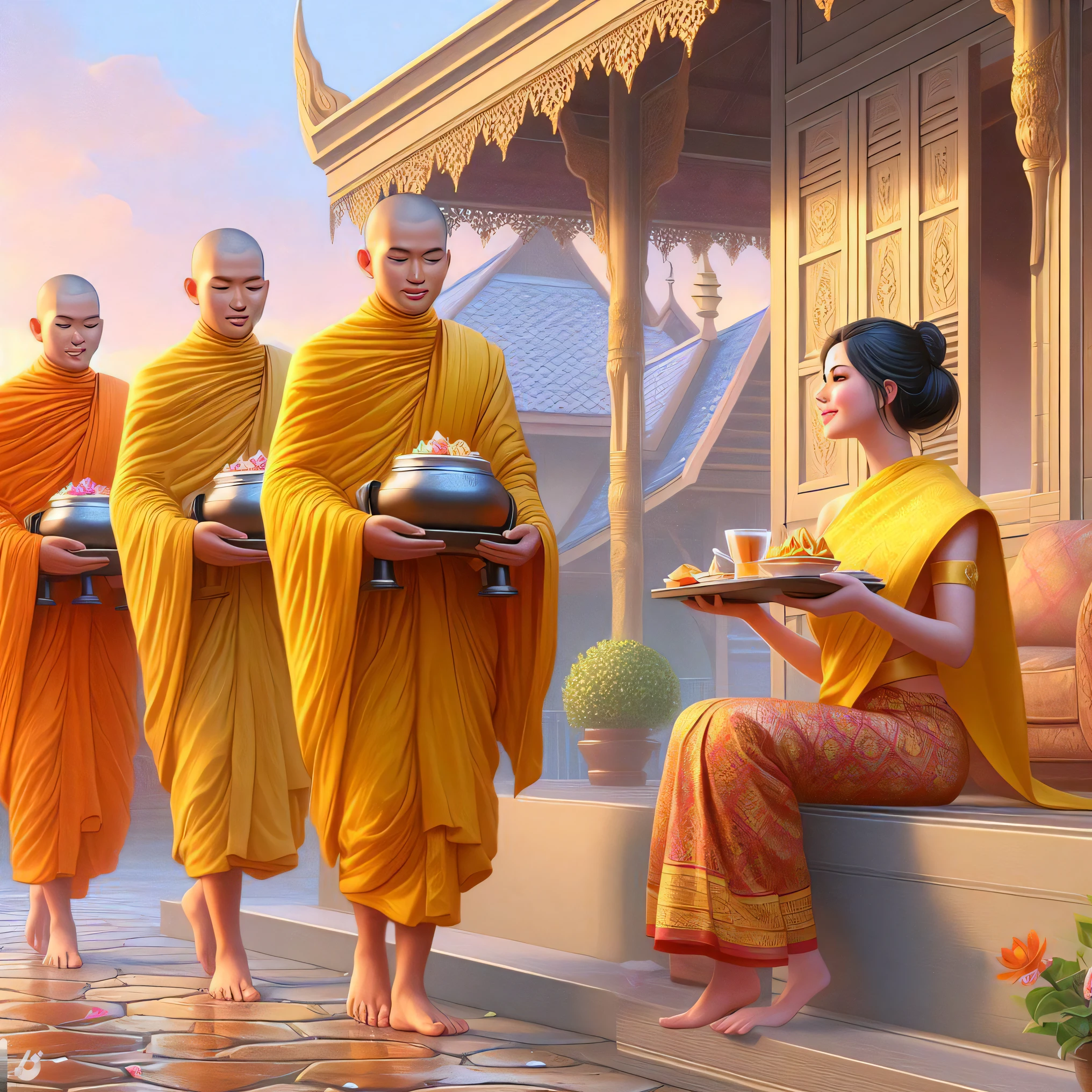 three Mönche are holding trays of food and a woman is sitting on a step, Tithi Luadthong, gelbe Roben, Mönch Kleidung, thailand art, Buddhismus, von John La Gatta, Buddhist, Mönche, schöne Darstellung, mit gelben Tüchern, fließende Gewänder tragen, Buddhist monk, von Alexander Kucharsky, östlicher Kunststil, Konzeptkunst eines Mönches