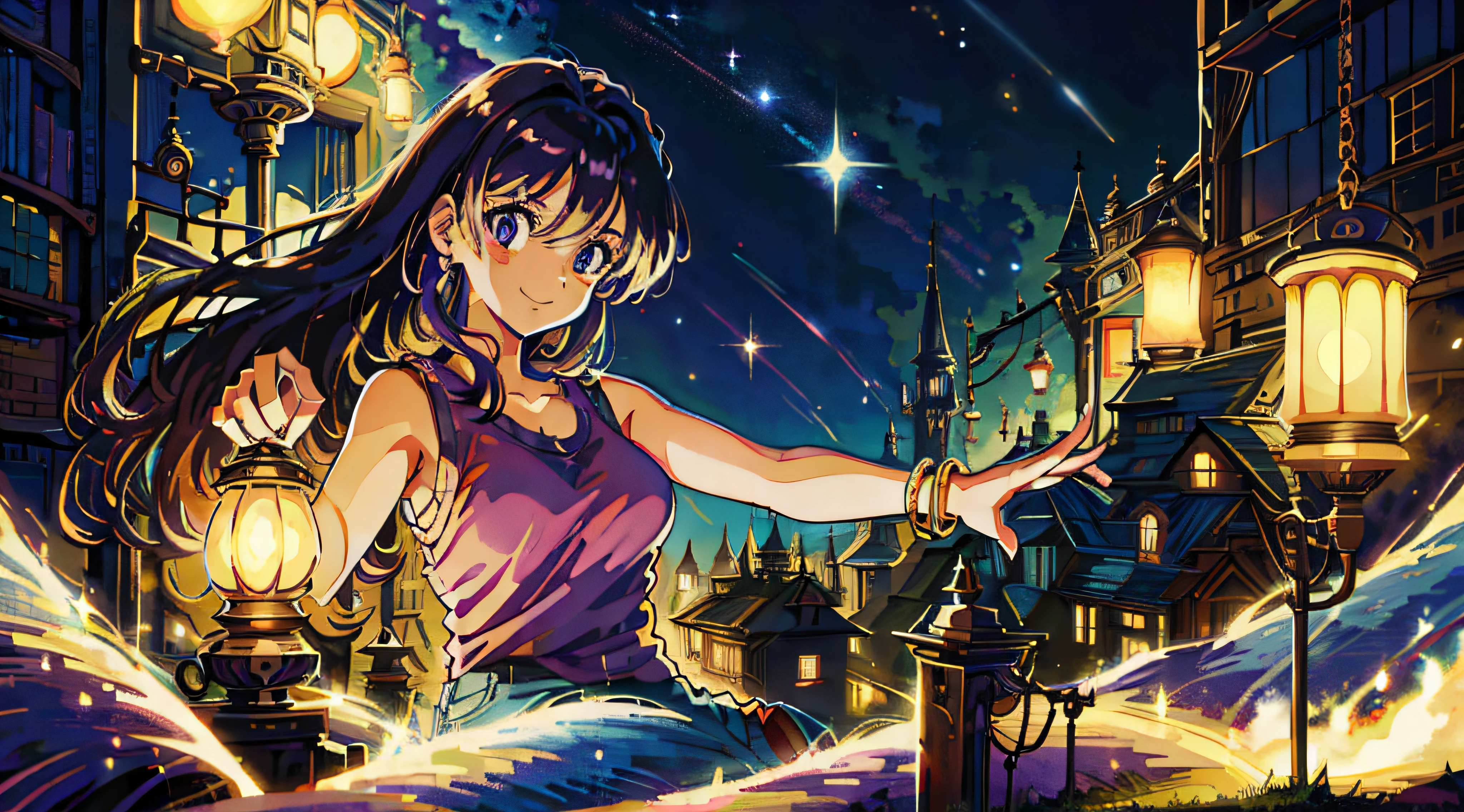 80s style anime girl holding a lamp, facing the viewer, smiling lovingly, hair is different shades of purple, her hair has stars in it, wearing a loose tank top, under boob, denim shorts, background is dark, the background is a broken-down city with vegetation overgrowing everywhere, dynamic pose, absurd res, high res, ultrasharp, 8k, masterpiece,