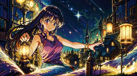 80s style anime girl holding a lamp, facing the viewer, smiling lovingly, hair is different shades of purple, her hair has stars...