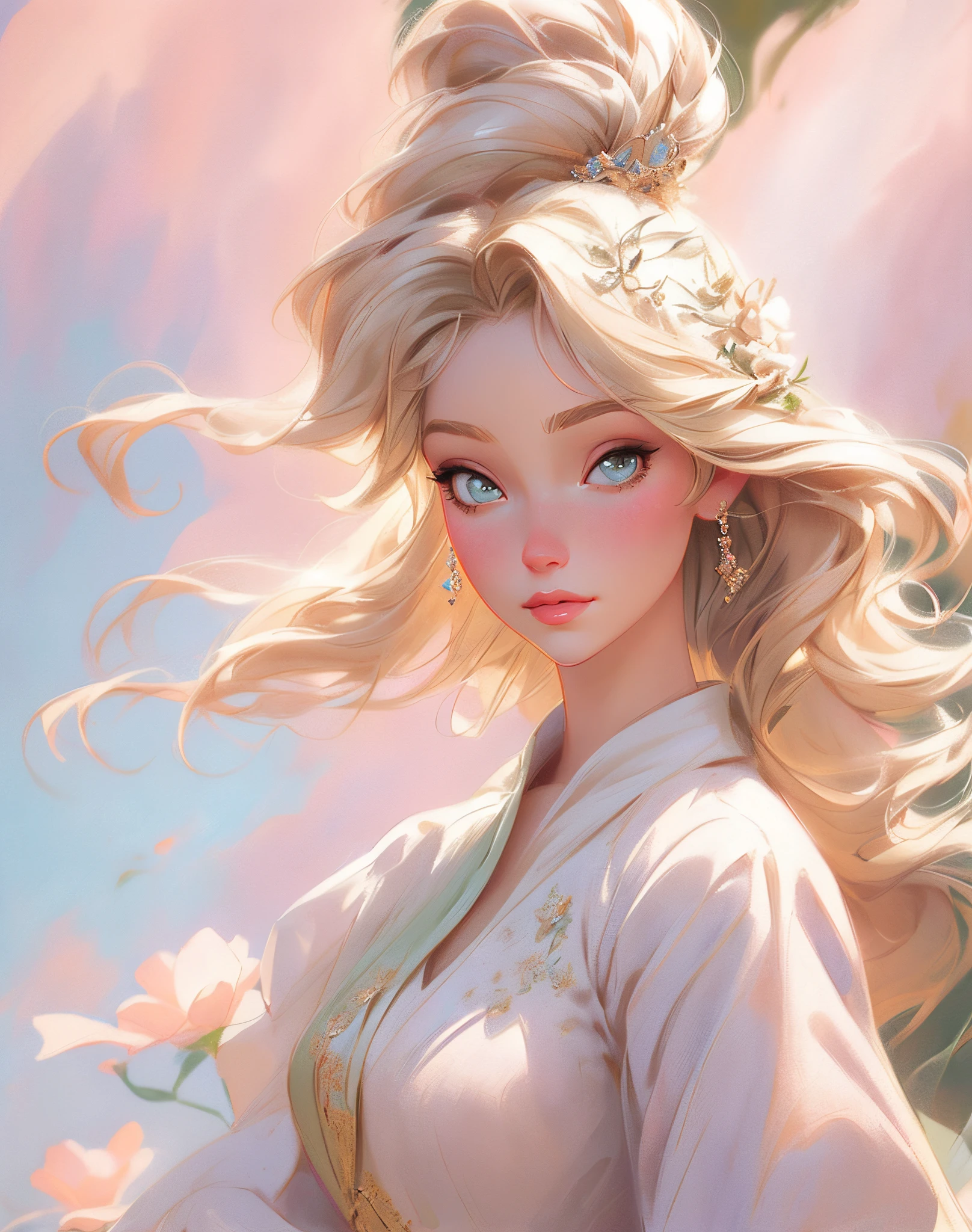 Close-up of a woman in a dress holding a flower, beautiful character painting, beautiful fantasy maiden, beautiful fantasy art, Beautiful Maiden, beautiful digital illustration, beautiful digital artwork, blonde - haired princess, exquisite digital illustration, beautiful digital painting, elegant digital painting, very beautiful fantasy art, gorgeous digital painting, beautiful gorgeous digital art, beautiful fantasy art portrait, beautiful digital art