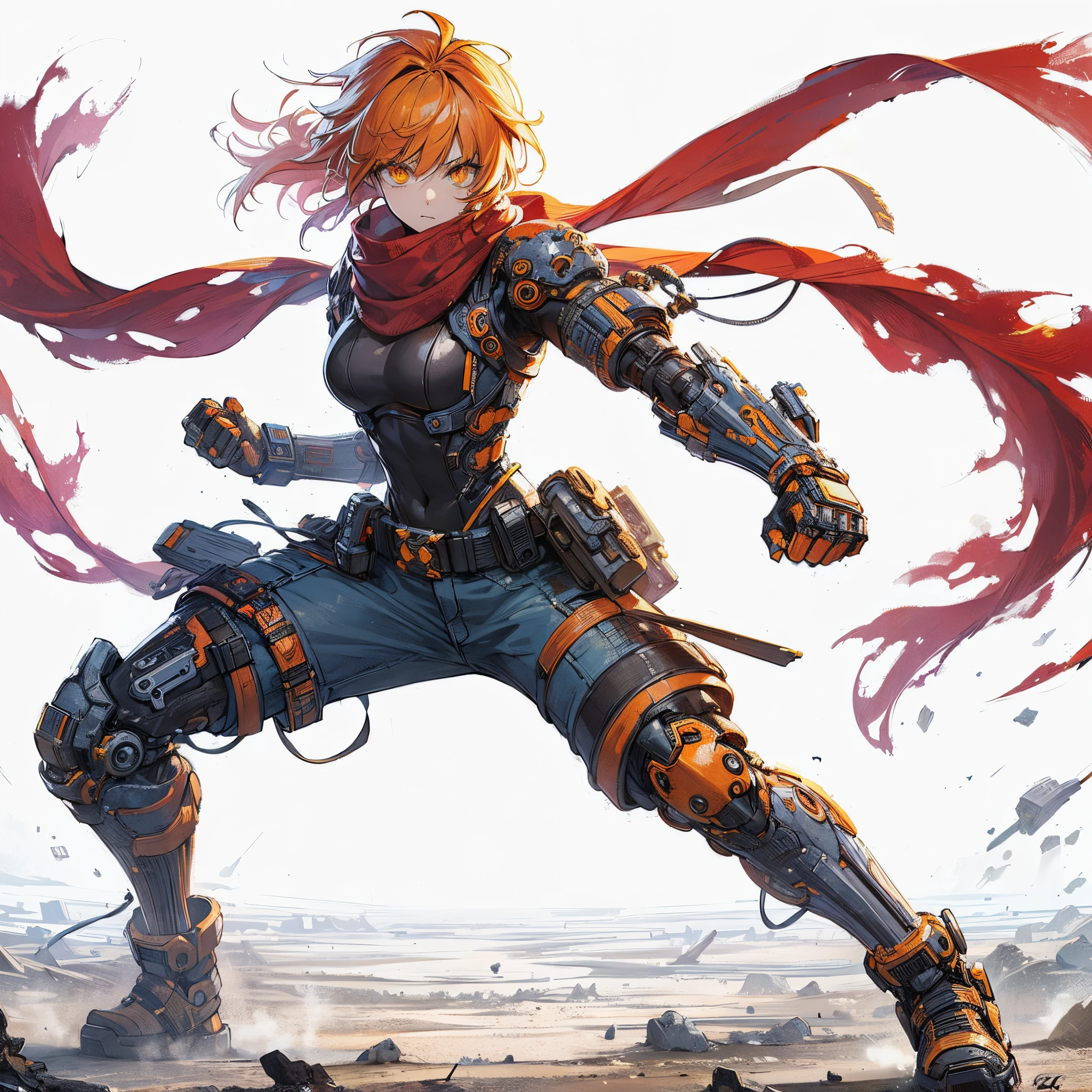 (masterpiece, best quality), ultra detailed, anime style, full body, solo, cyberpunk KARATE girl, sci-fi costume and torn red scarf, orange hair and yellow eye, fighting pose, high-tech gauntlet and boots, standing in wasteland, digital painting, 8K high resolution, art station trend, white background, whole body,