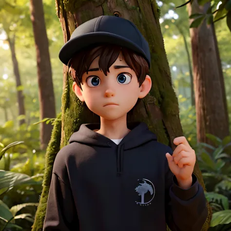 There's a boy in the woods, 17 anos, magro, olhos totalmente vermelhos, cap and black clothes, hair messy, looking at a tree, tree has a black round symbol and the boy&#39;s face expresses doubt