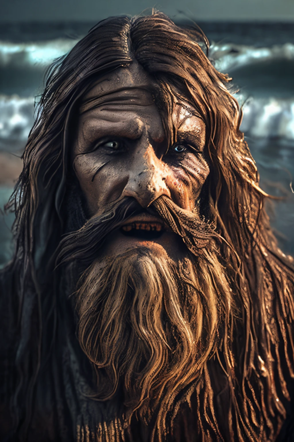 (extremely detailed 8k wallpaper), Dark Theme, Modern Horror, ((Sea creature mes (torn and aged pirate clothes.), fine focus, (subsurface dispersion:1.1), (Middle-aged man), (Brown long hair), (Beard) ((Completely Wet)), centered face, dramatic lighting, expression (serious), On a beach, coming out of the sea.