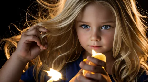 a close-up of a blonde child with long hair, BIG BALL OF electrified ICE IN HANDS. FUMO ESCURO.