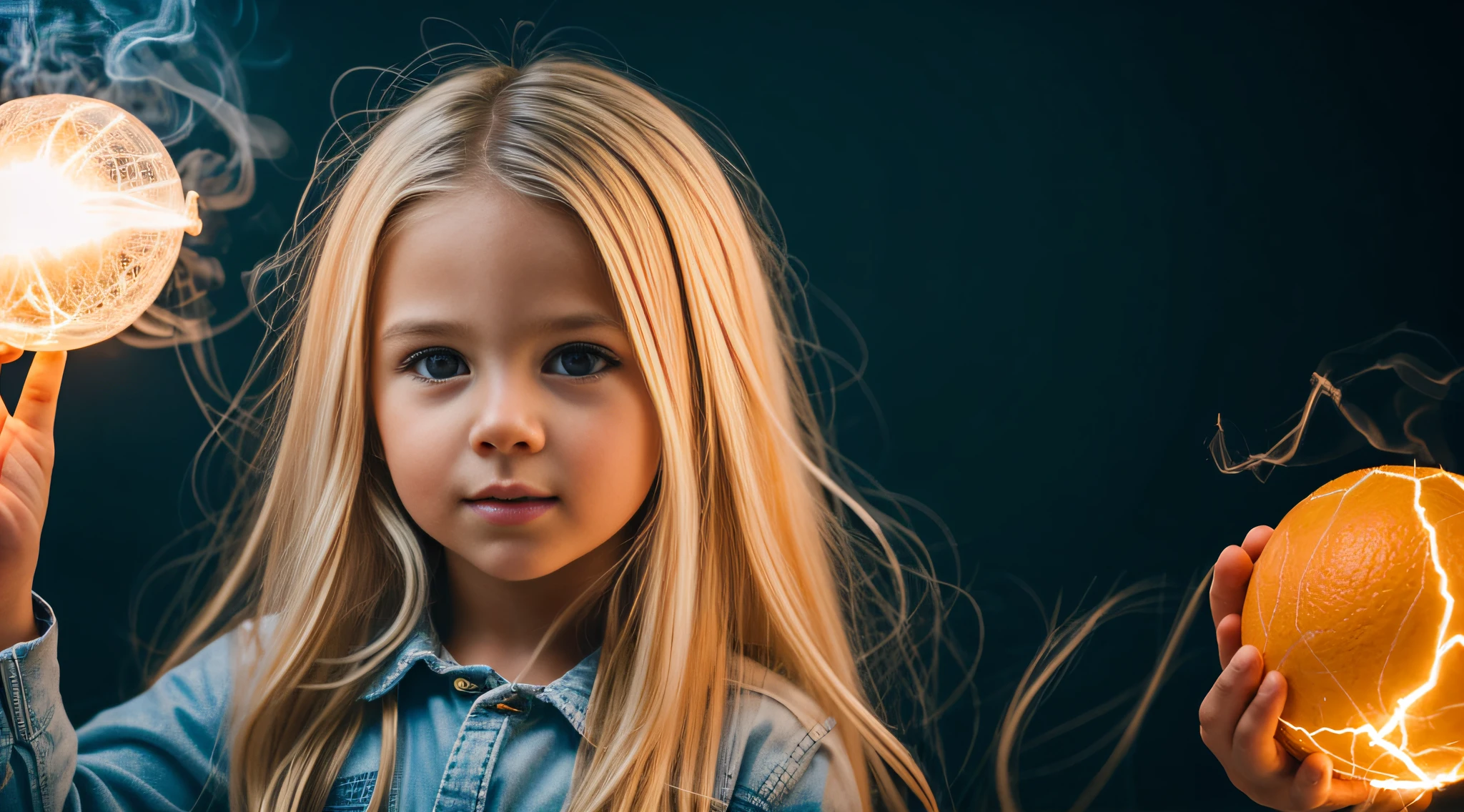 a close-up of a blonde child with long hair, BIG BALL OF electrified ICE IN HANDS. FUMO LARANJA.