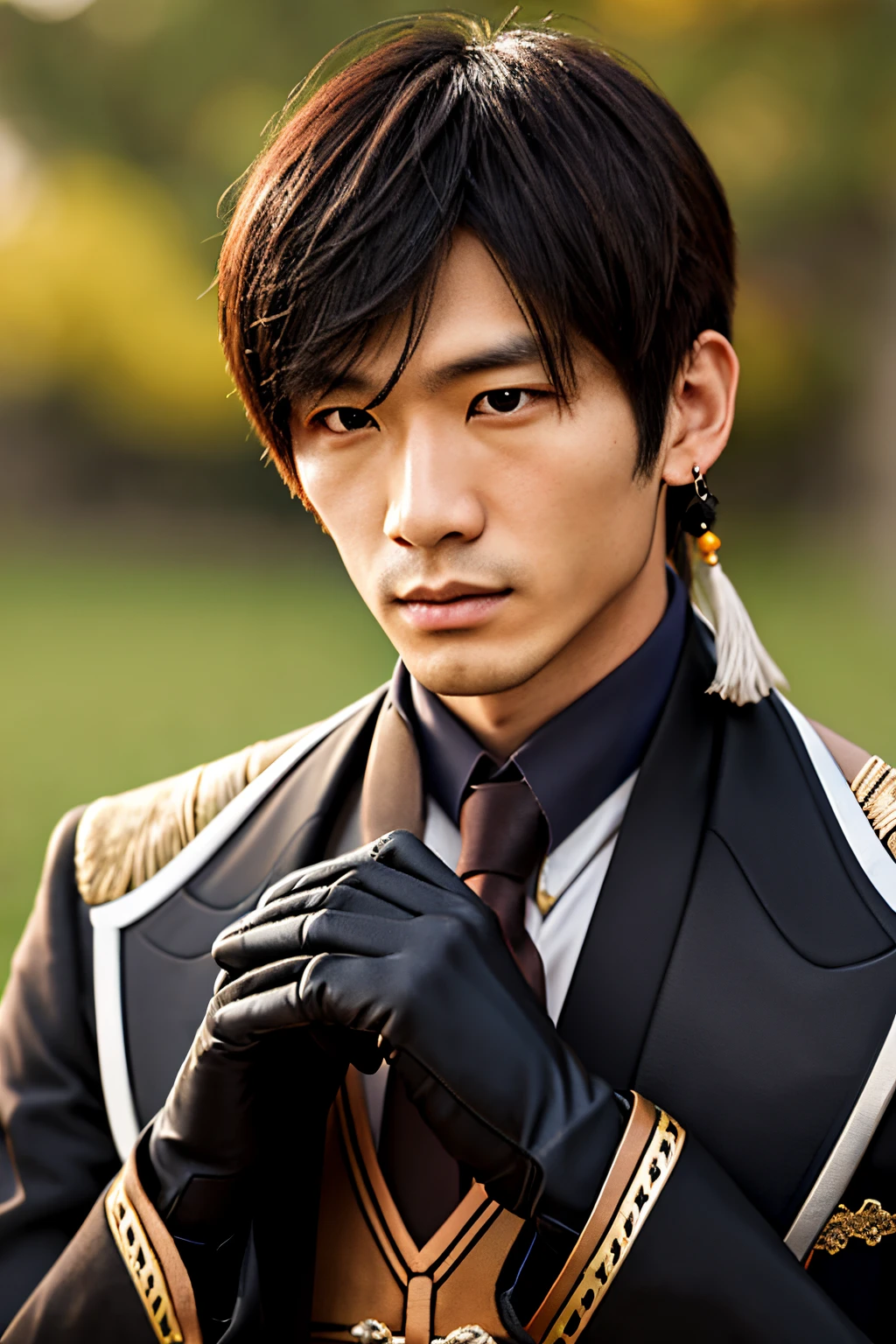 masterpiece, best quality, zhongli (genshin impact), male focus, jewelry, long hair, 1boy, solo, earrings, bangs, gloves, ponytail, black gloves, multicolored hair, brown hair, hair between eyes, single earring, jacket, tassel earrings, long sleeves, tassel, looking at viewer, yellow eyes, gradient hair, dark brown suit, black hair, 40 years old, cool man, asian, chinese man