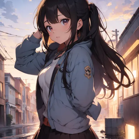 Masterpiece, top quality, 4K, ultra HD, Anime girl with short brown hair, wearing a white university jacket, posing for a photo, Art in the style of Guweiz, detailed digital anime art, Anime-style digital art, Anime-style art, Guweiz, Anime-style illustrat...