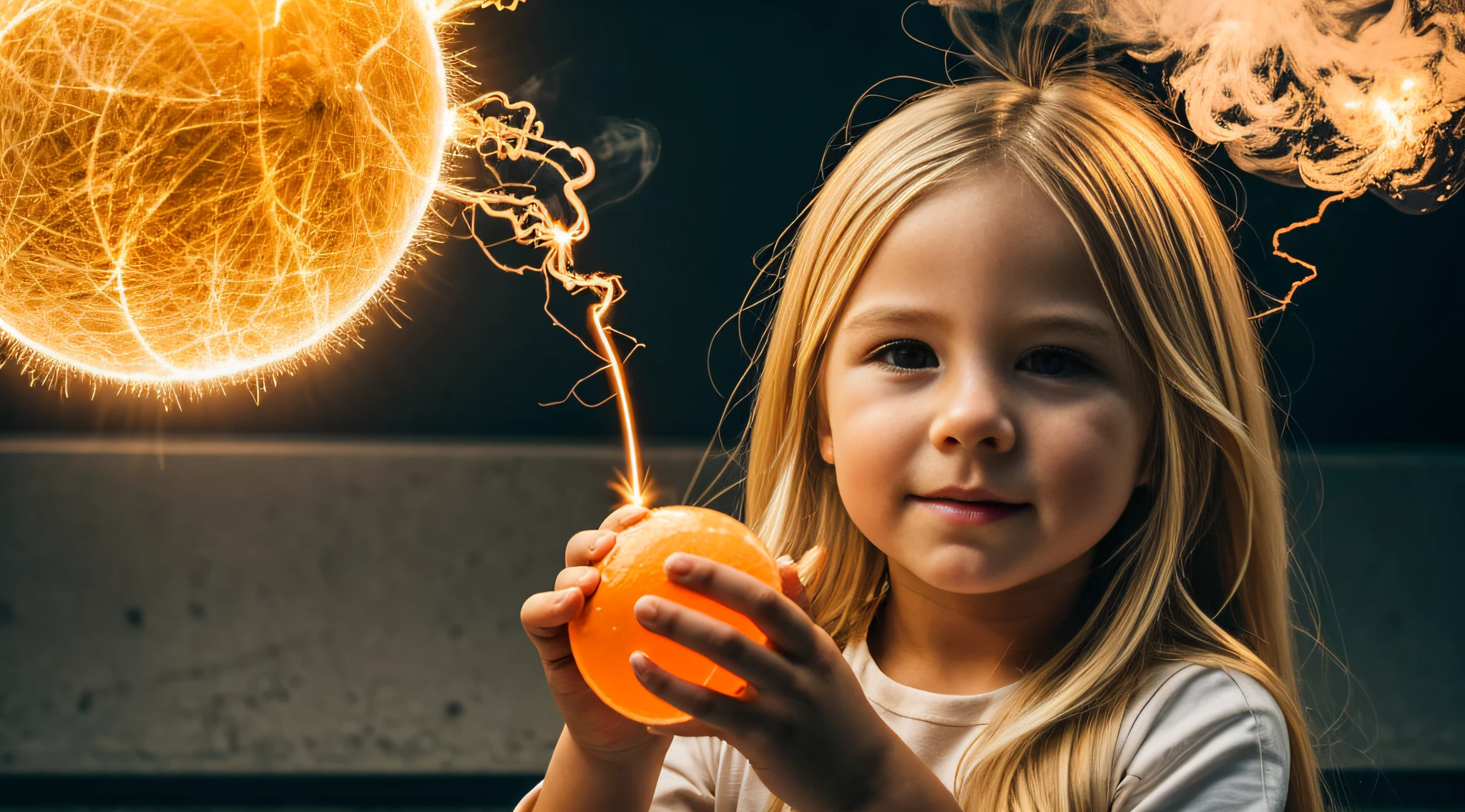 a close-up of a blonde child with long hair, BIG BALL OF electrified ICE IN HANDS. FUMO LARANJA.