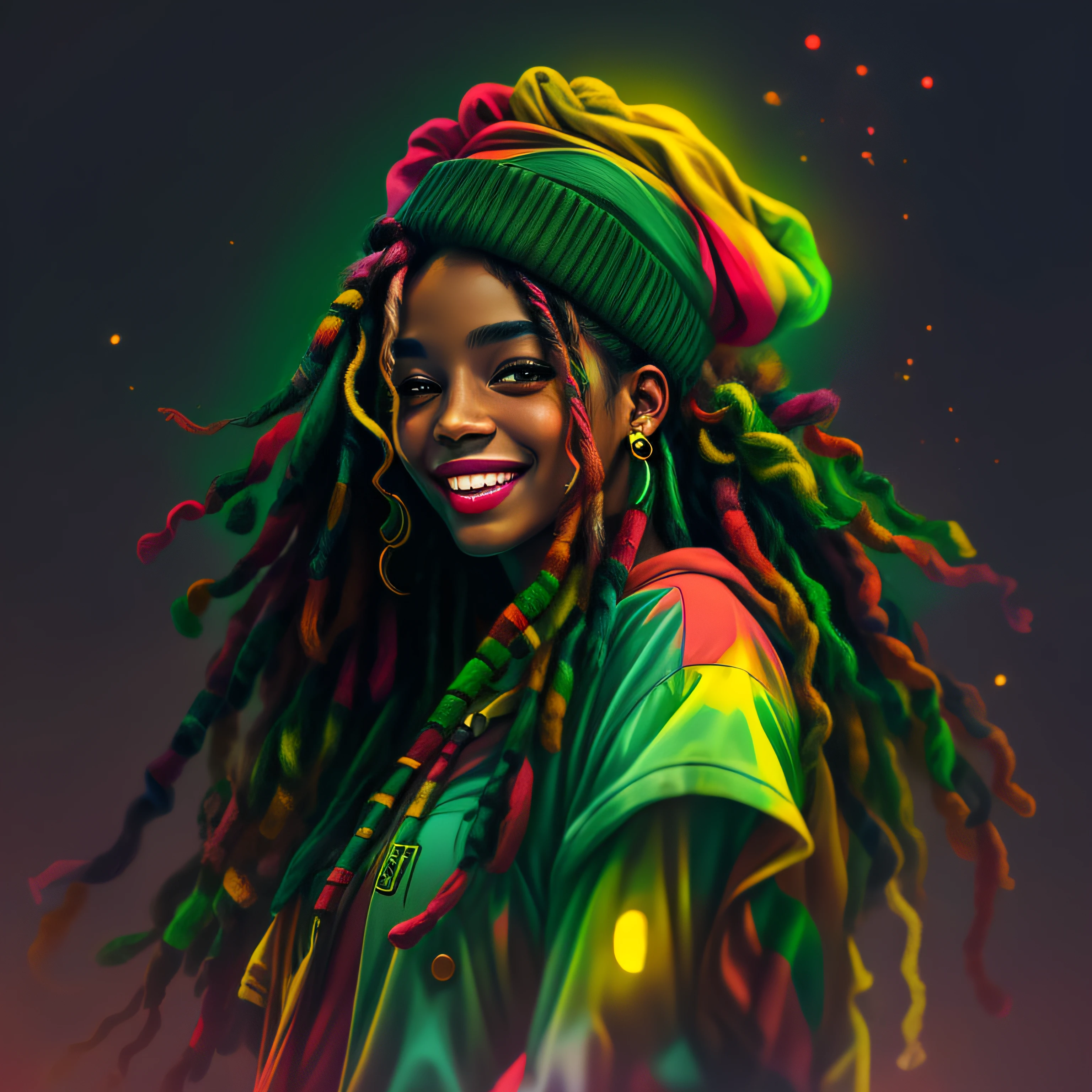 arte vectorial, arte borroso (1 chica rasta sonriendo con ropa de color reggae) mafia, iluminación cinematográfica estilo neón