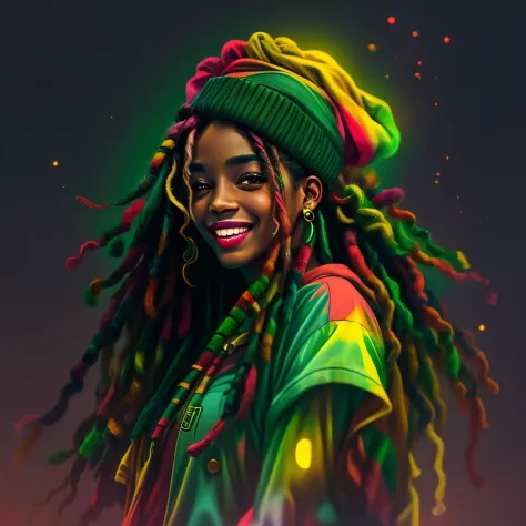 arte do vetor, blur art (1girl Rasta sorrindo com roupas nas cores do reggae) mafia, neon style cinematic lighting