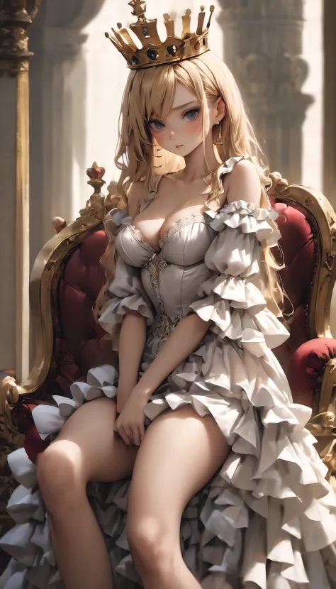 (masterpiece, best quality), portrait, upper body shot, 1 girl, perfect body, big breasts, perfect eyes, ruffled lingerie, sitting pose, simple throne, black crown, royal throne room with elaborate details, natural lighting, clean lines, perfect illustrati...