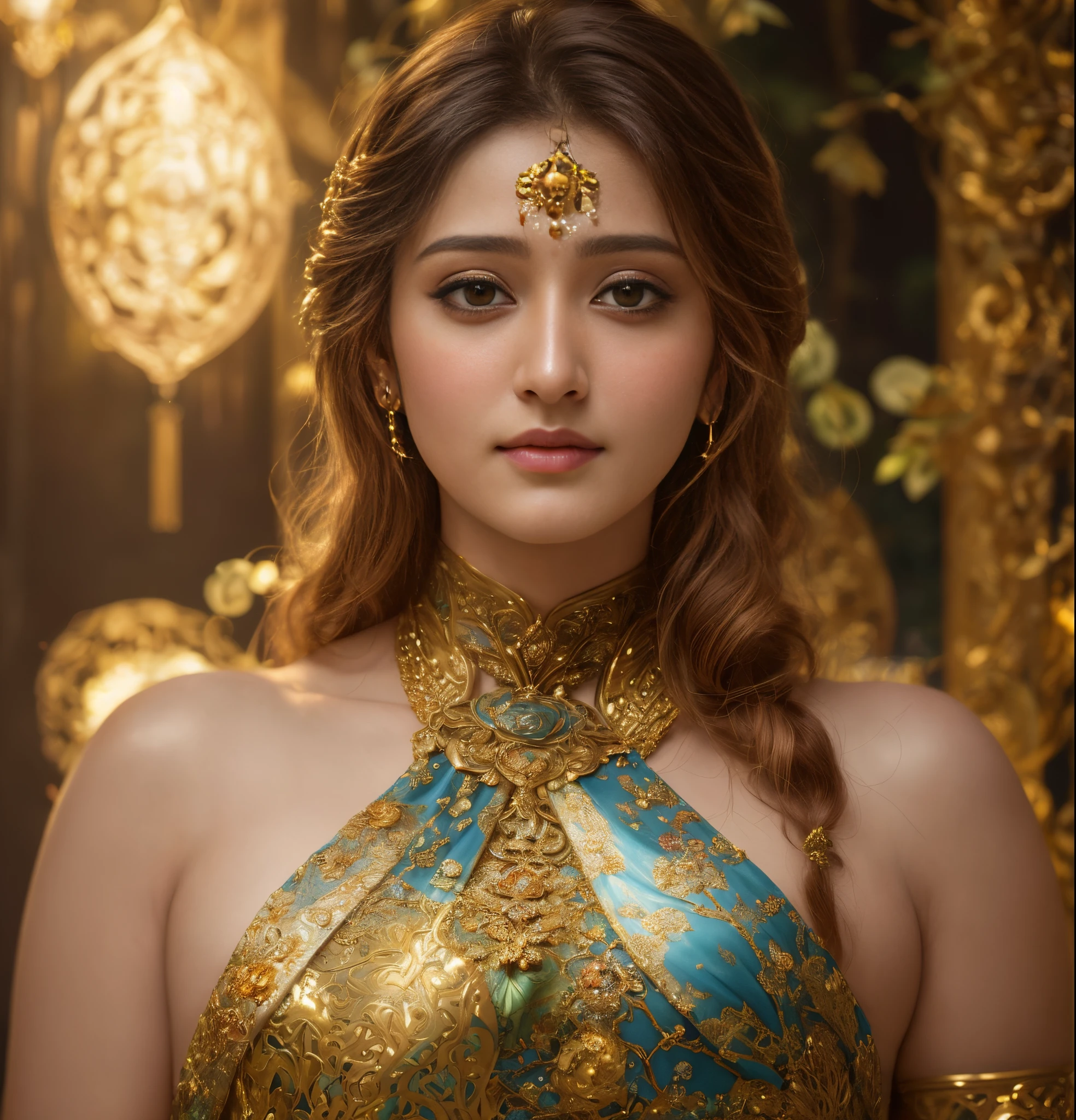 Mélange de visages d&#39;Anushka Shetty et Nayanthara, un chef-d&#39;œuvre ultraréaliste, portrait ultradétaillé d&#39;une belle fille dans une incroyable armure Goledn. baroque renaissance. dans la foret. Coup moyen, complexe, élégant, très détaillé. tendance sur artstation, art numérique, par Stanley Artgerm Lau, Oups, rossdessine, James Jean, Andreï Riabovitchev, marc simonetti, Yoshitaka Amano. background by James Jean and gustav klimt, lumière par Julie Bell, 4k, peau de porcelaine.