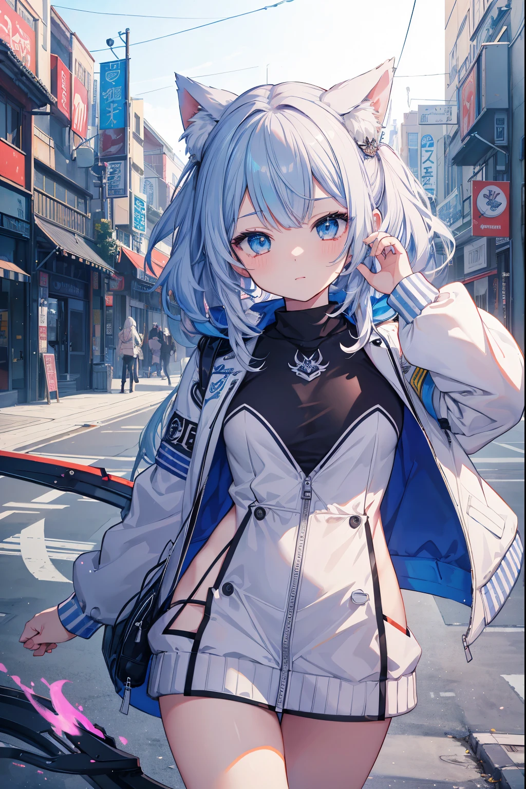 Masterpiece, top-notch quality, 4K Ultra HD, Gura Gawr vtuber from Hololive in a white varsity jacket, posing for a photo. Art inspired by Guweiz's style, detailed digital anime artwork, impeccable artistic work.