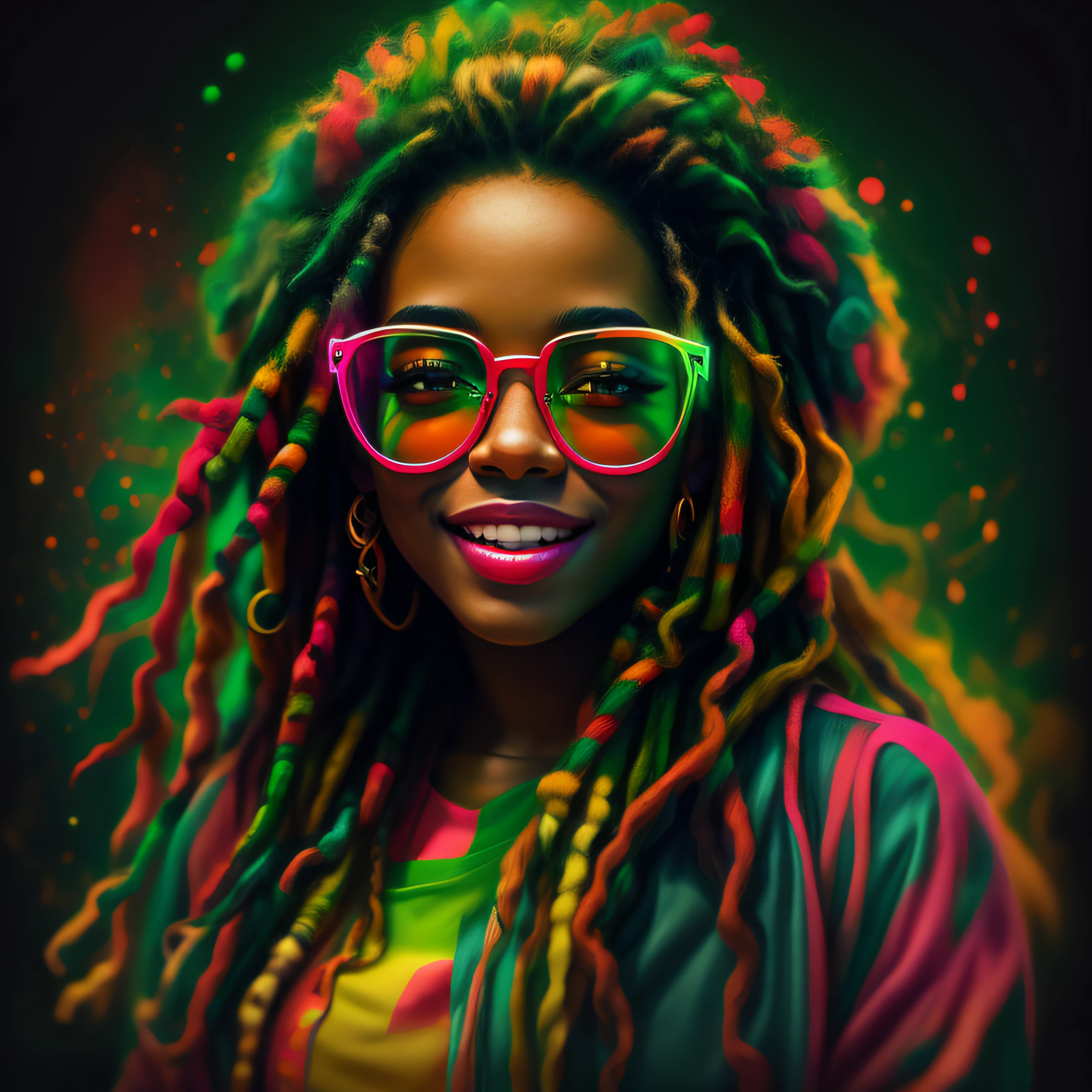 vector art, blur art (1 Rasta girl smiling in reggae colored clothes) mafia, neon style cinematic lighting, ink splattered