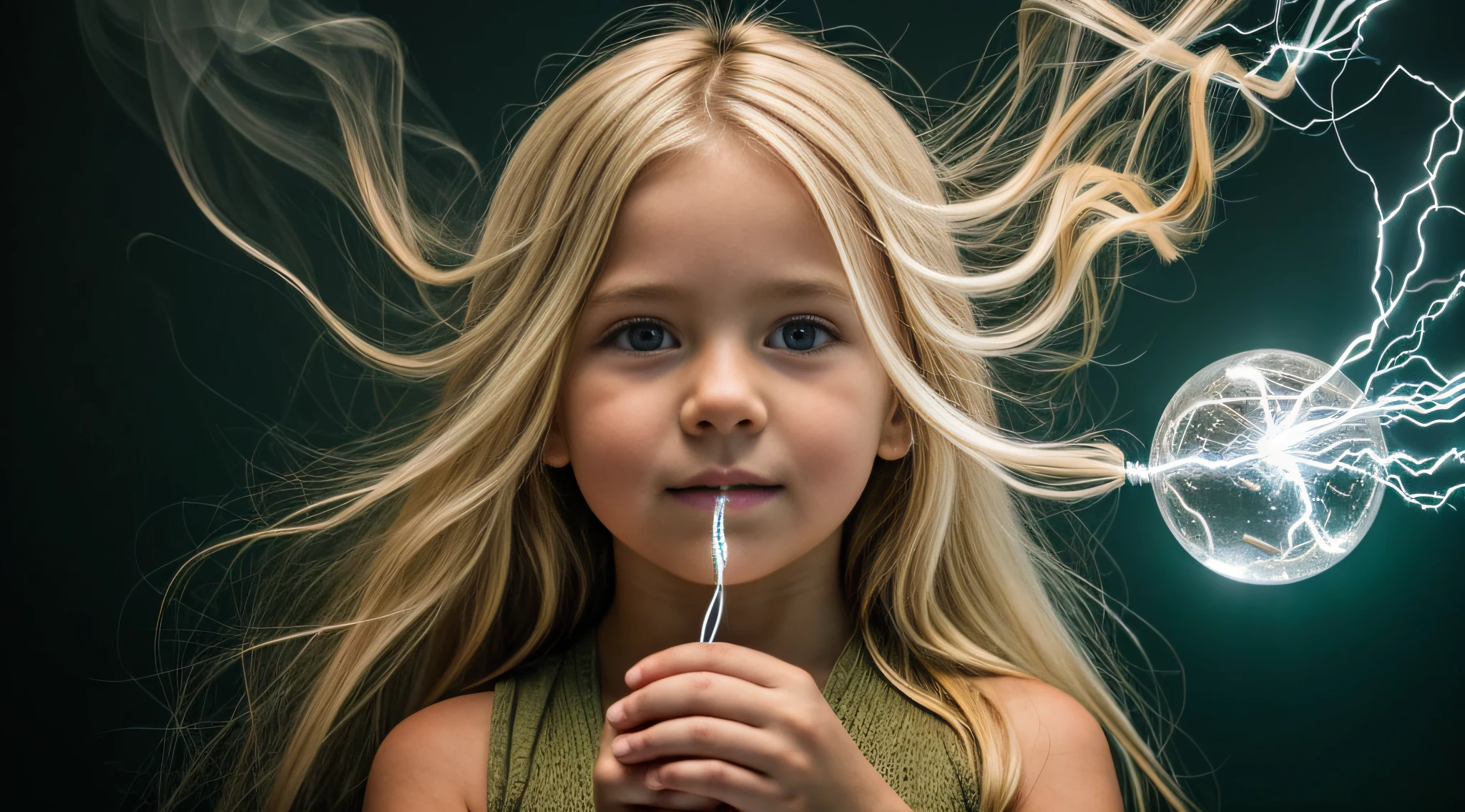 a close-up of a blonde child with long hair, BIG BALL OF electrified ICE IN HANDS. WNGS DE VERDE FUMO CLARO.