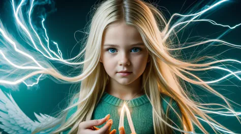 a close-up of a blonde child with long hair, Asas de Luz, BIG BALL OF electrified ICE IN HANDS.  Smoke green.