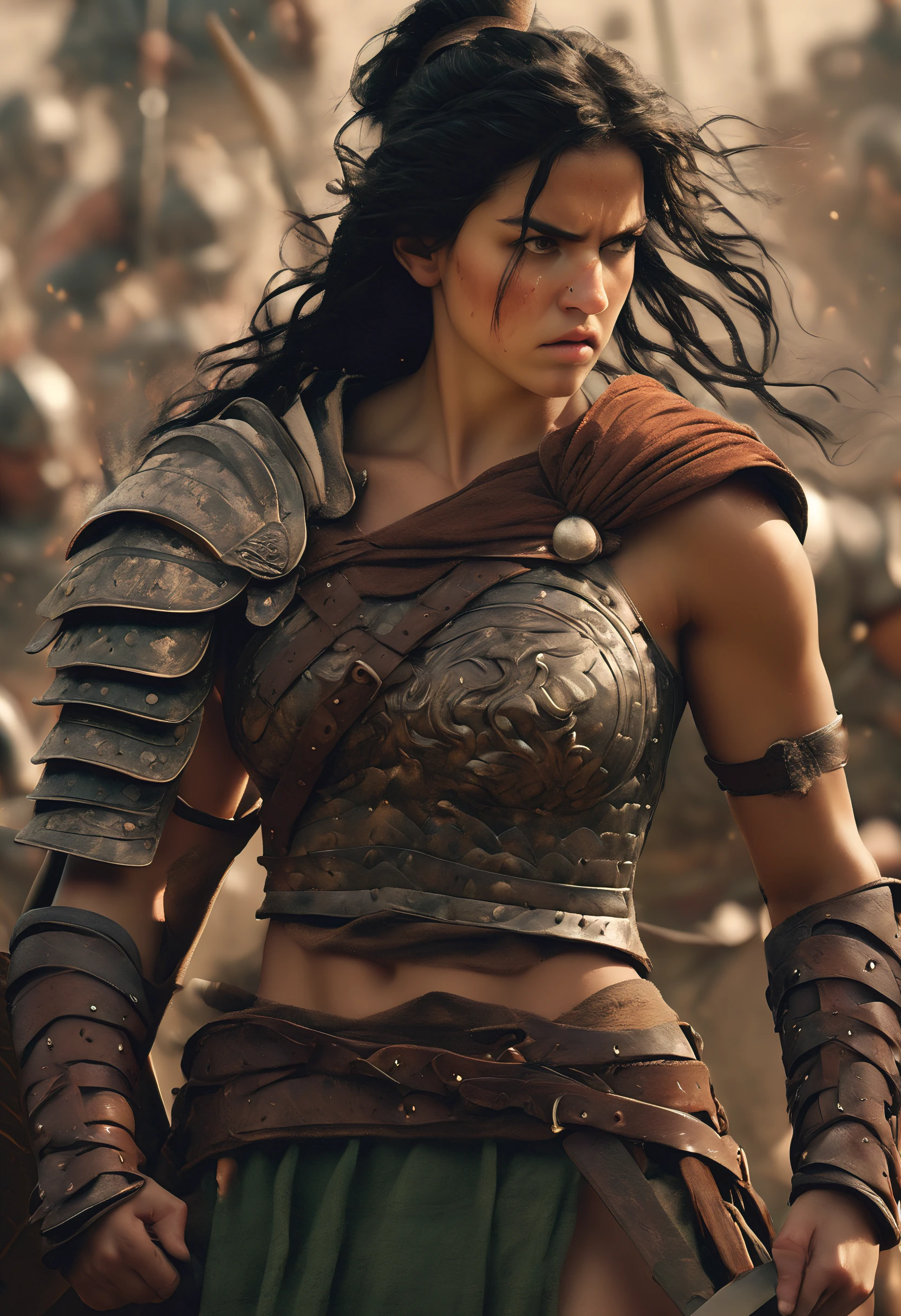 (masterpiece, high quality, best quality), beautiful, hd, realistic, perfect lighting, detailed face, detailed body, 1 girl, solo, black hair, green eyes, long black hair, brown and worn leather clothing gladiator style: 1.4), leather breastplate, 1 wooden spear in hands, war battle background, gladiator style, fit woman, robust, angry look