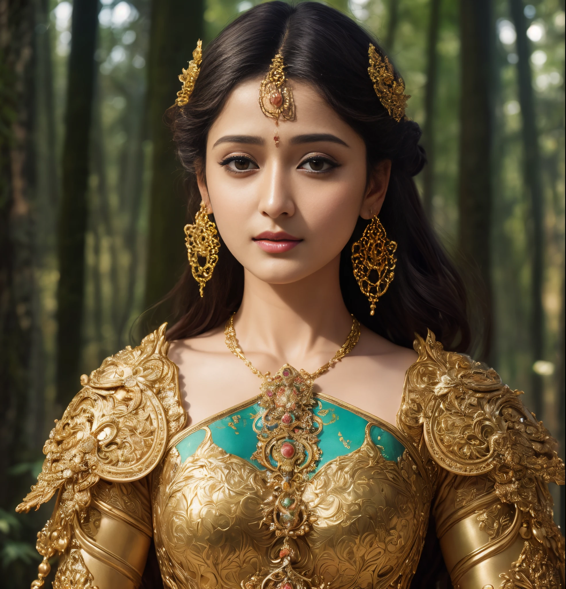 Mélange de visages d&#39;Anushka Shetty et Nayanthara, un chef-d&#39;œuvre ultraréaliste, portrait ultradétaillé d&#39;une belle fille dans une incroyable armure Goledn. baroque renaissance. dans la foret. Coup moyen, complexe, élégant, très détaillé. tendance sur artstation, art numérique, par Stanley Artgerm Lau, Oups, rossdessine, James Jean, Andreï Riabovitchev, marc simonetti, Yoshitaka Amano. background by James Jean and gustav klimt, lumière par Julie Bell, 4k, peau de porcelaine.