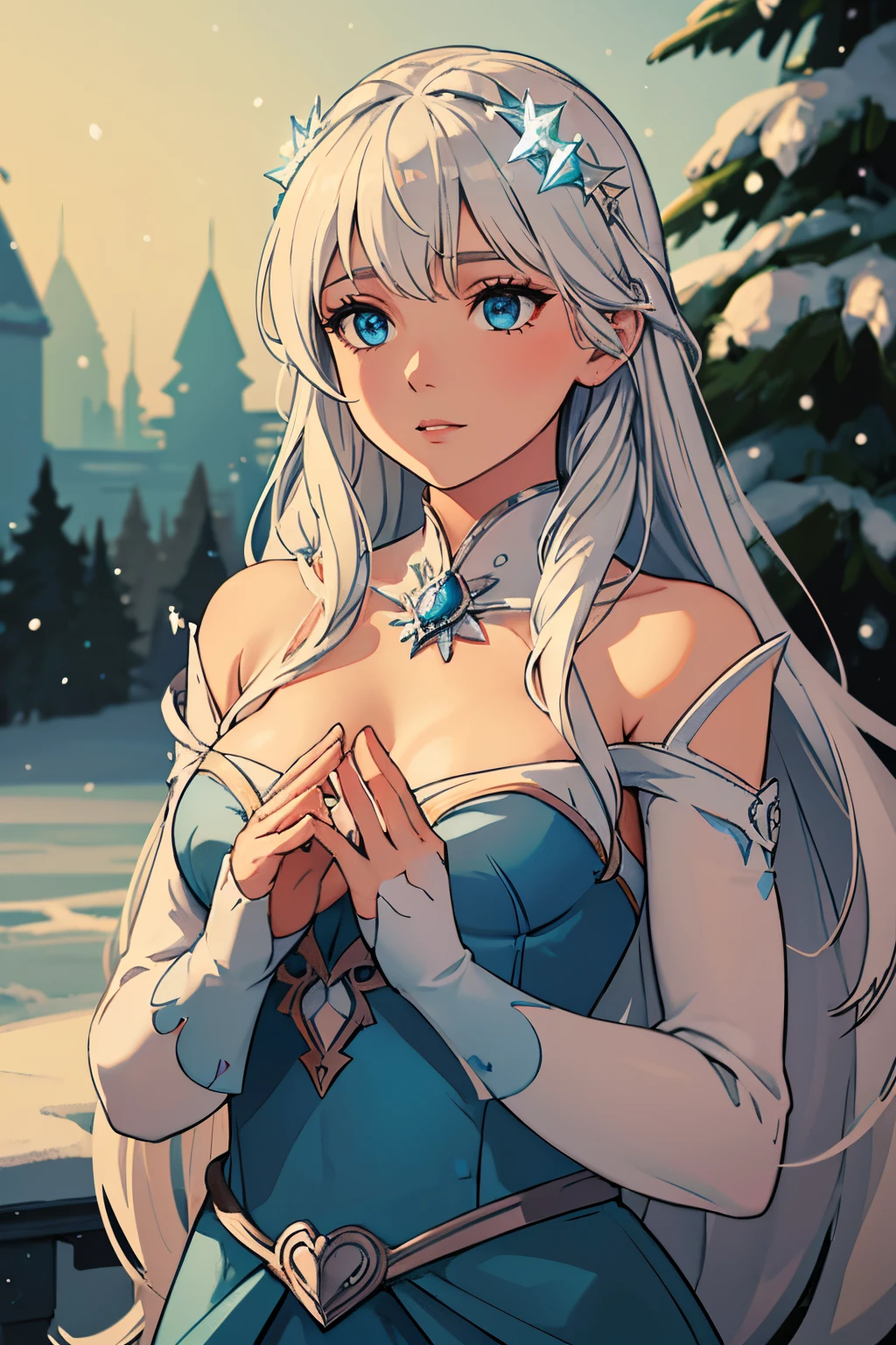 crystal maiden, ice powers, flowing gown, detailed snowflake patterns, ethereal beauty, delicate hands and face, glowing icy blue eyes, long silver hair, frosty breath, frost-covered landscape, frozen trees, shimmering aurora borealis, magical ice castle, snowy owl, winter wonderland, best quality, ultra-detailed, realistic, portraits, cool color palette, soft natural lighting