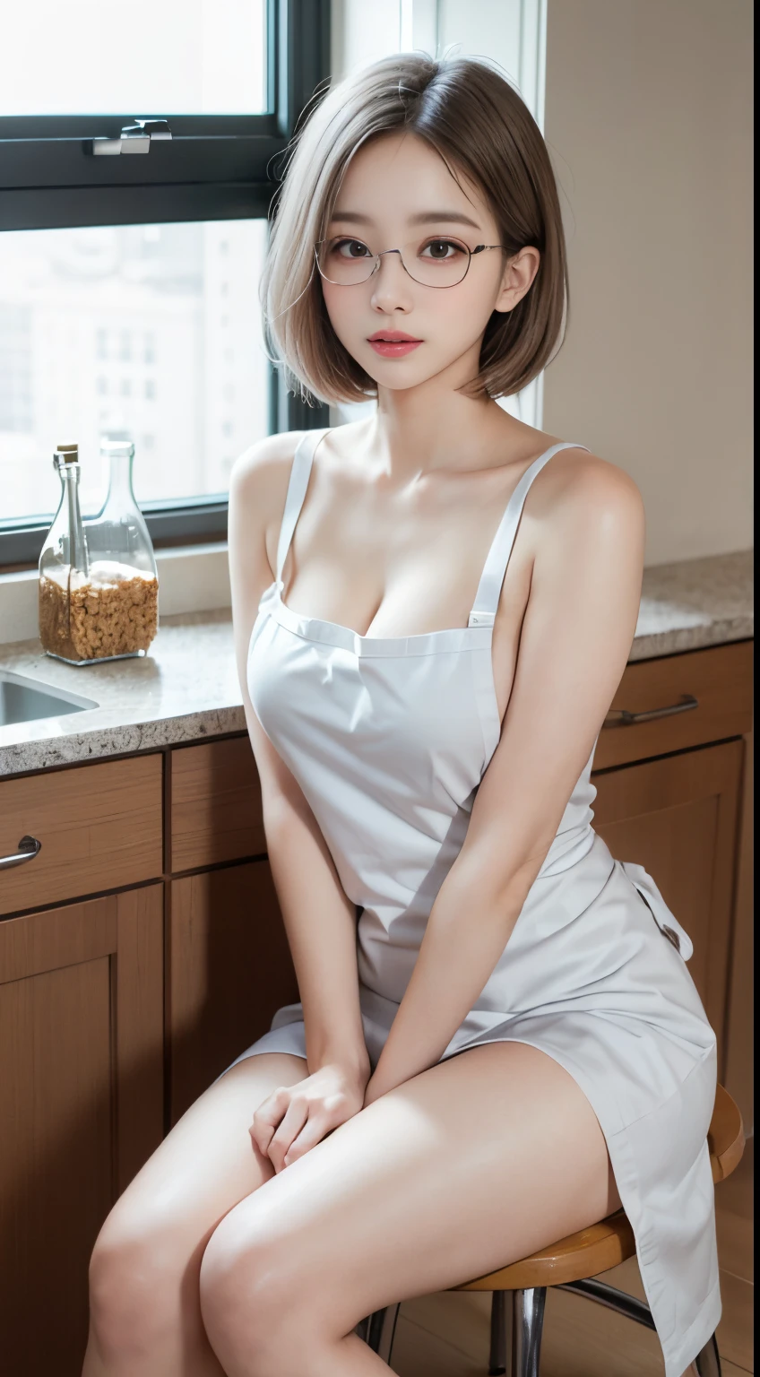 Top image quality、Raw photography、超A high resolution、18-year-old Korean、Glasses beauty、Colossal tits:1.5、cleavage of the breast:1.5、Healthy complexion、shiny white skin、(short cut hair)、((Light brown silver hair))、Beautiful eyes with random colors、very thin lips、beautiful eyes finely detailed、elongated eyes、pale pink blush、long eyeslashes、Beautiful double eyelids、eyeshadows、earrings、Beautiful skin、Healthy skin、(Fashionable glasses、Wearing _kitchin_apron、Broken white micro apron、Naked little apron, Fluffy breastilk protruding around、rounded udder、The entire shoulder is exposed、Beautiful legs、Attractive thighs)、(slightly thicker thighs、Sit in the kitchen)