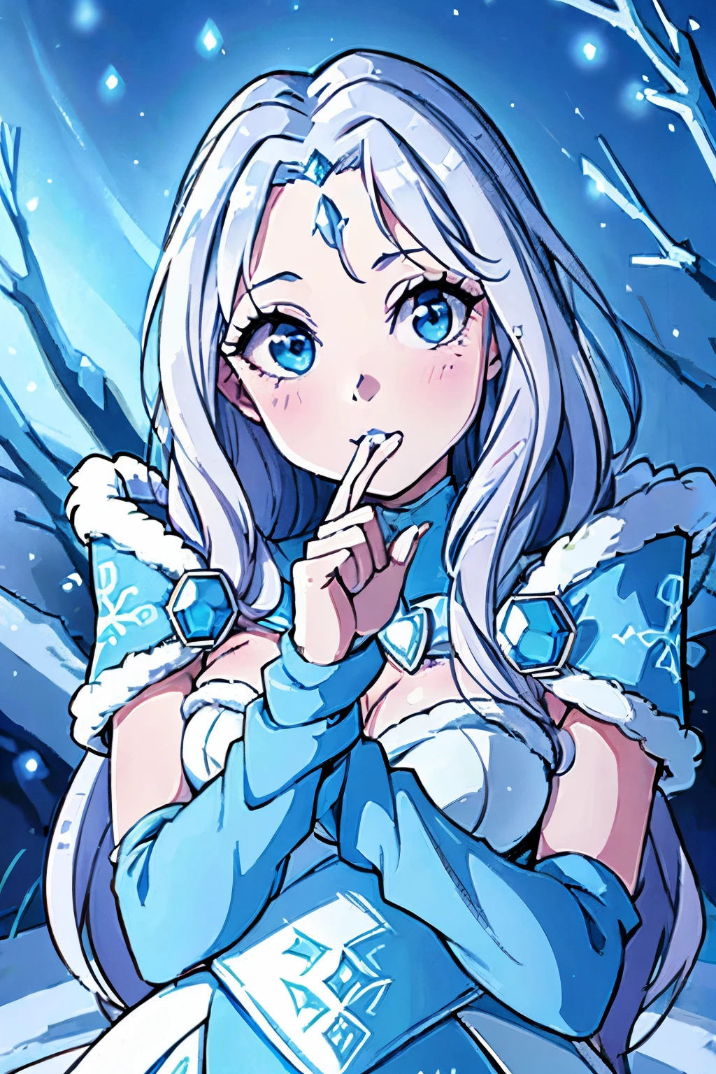 crystal maiden, ice powers, flowing gown, detailed snowflake patterns, ethereal beauty, delicate hands and face, glowing icy blue eyes, long silver hair, frosty breath, frost-covered landscape, frozen trees, shimmering aurora borealis, magical ice castle, snowy owl, winter wonderland, best quality, ultra-detailed, realistic, portraits, cool color palette, soft natural lighting