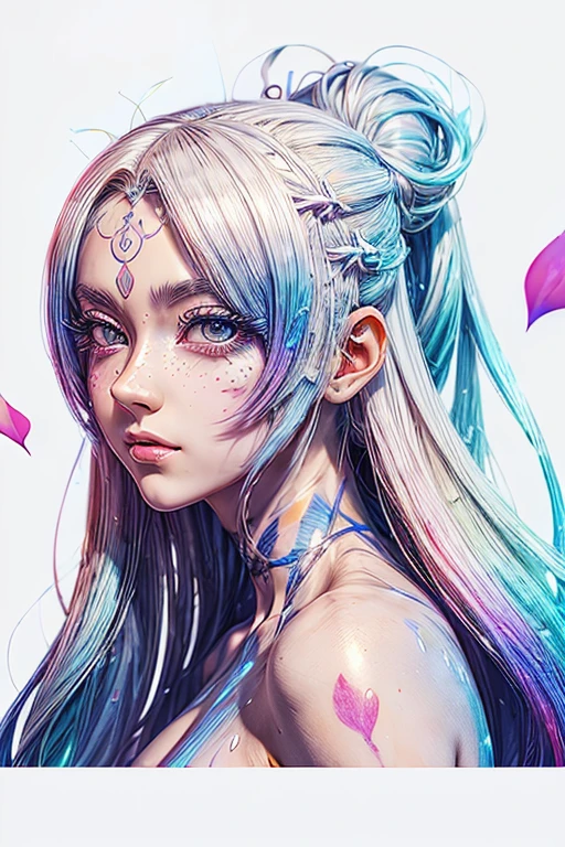 masterpiece, best quality, (extremely detailed CG unity 8k wallpaper, masterpiece, best quality, ultra-detailed, best shadow), (detailed background), (beautiful detailed face, beautiful detailed eyes), High contrast, (best illumination, an extremely delicate and beautiful),1girl,((colourful paint splashes on transparent background, dulux,)), ((caustic)), dynamic angle,beautiful detailed glow,full body, paint splash on face.  close up of a woman with long hair wearing a costume, an anime drawing inspired by INO, trending on pixiv, conceptual art, white haired deity, onmyoji portrait, detailed digital anime art, anime goddess, female anime character, digital anime art, advanced digital anime art, stunning anime face portrait, beautiful alluring anime woman, beautiful anime woman, medium breasts,,