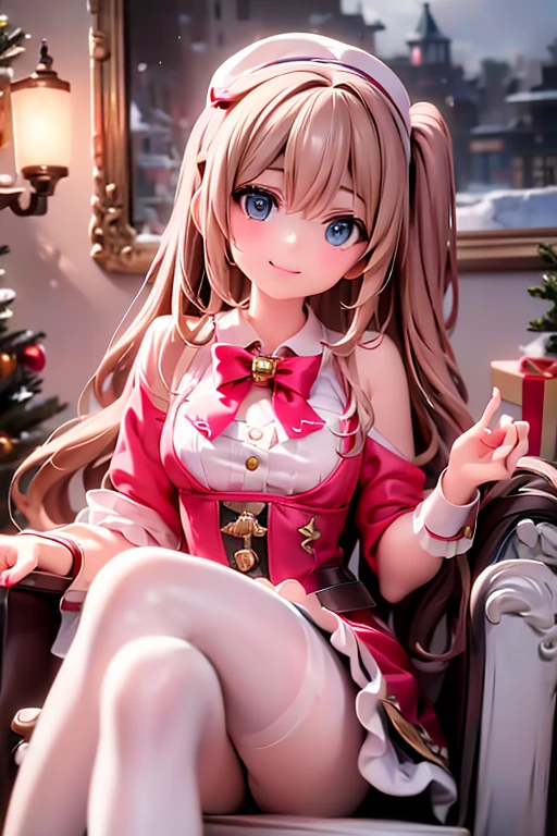 une jolie fille souriante assise sur un traîneau steampunk, Robe de Noël, collants blancs, Escarpins rouges