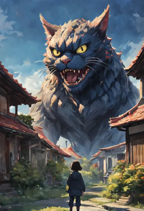 anime, cartoon, (huge cat monster destroying houses:1.2), eating people, traditional japanese architecture, (godzilla:1), cinema...