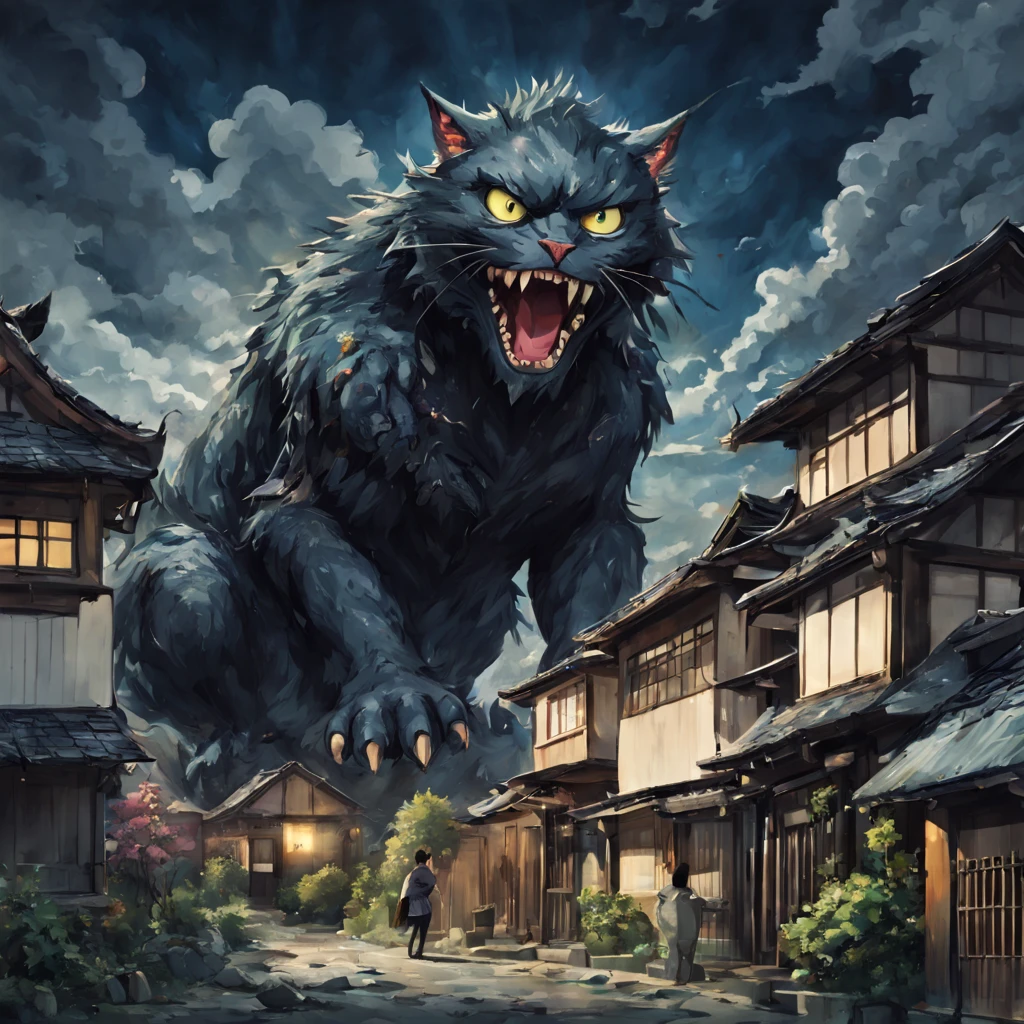 Anime, cartoon, (huge cat monster destroying houses:1.2), eating people -  SeaArt AI