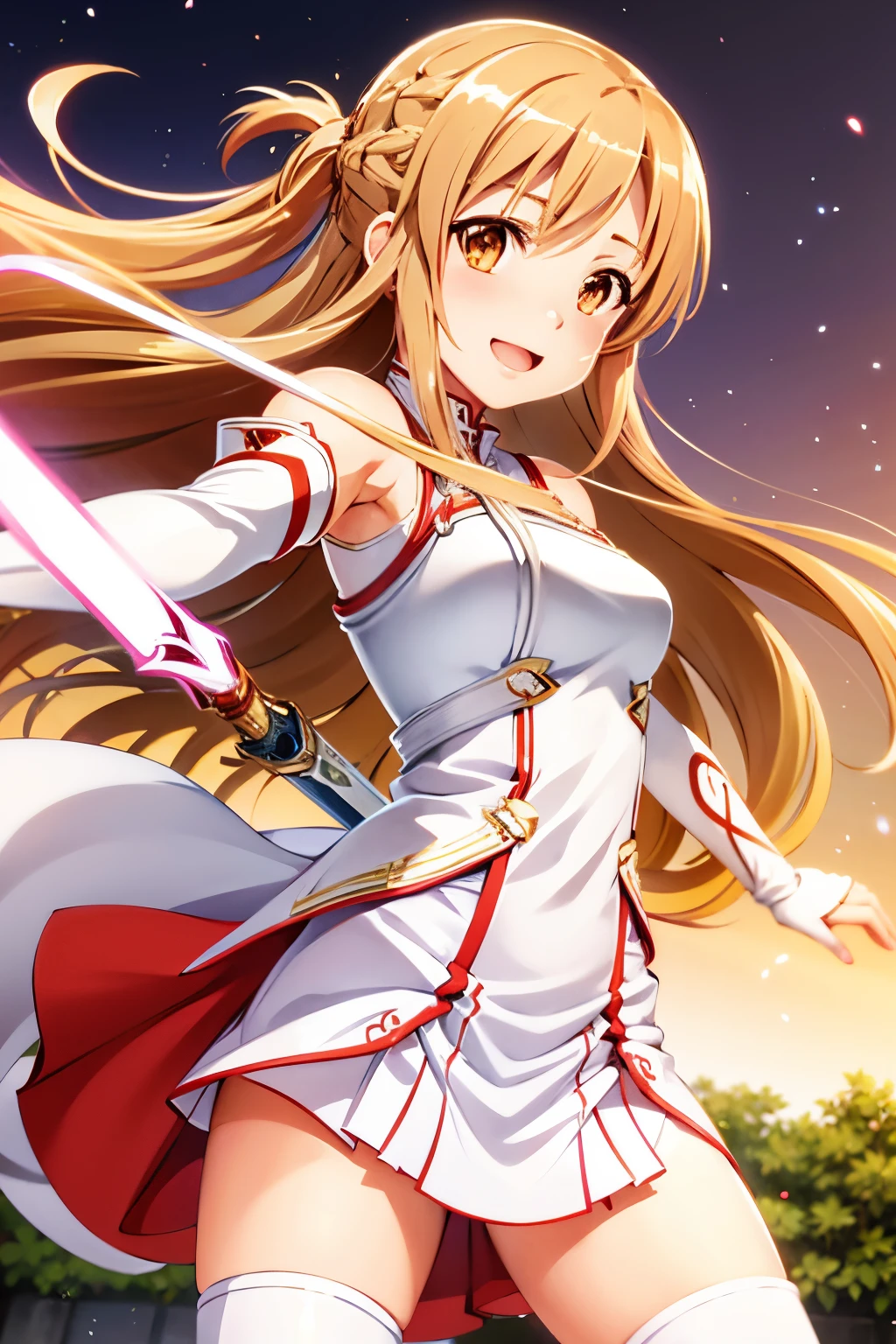 Asuna,light smile,sexy,sword, holding weapon, white dress, armor, floating hair, red skirt, holding sword, outstretched arm, best quality