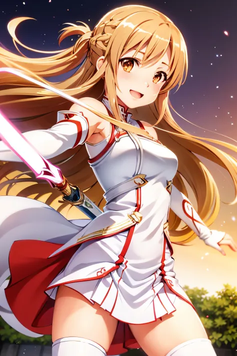 Asuna,light smile,sexy,sword, holding weapon, white dress, armor, floating hair, red skirt, holding sword, outstretched arm, bes...