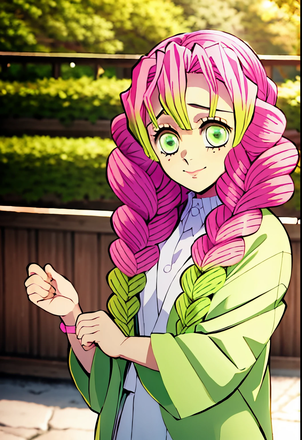 Anime girl with pink hair and green eyes holding a pink flower - SeaArt AI