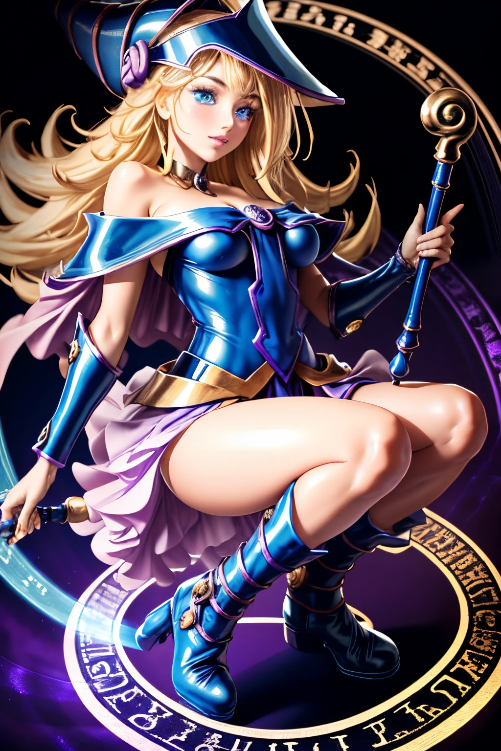 ultra-detailed, extremely detailed, masterpiece, highest quality, best quality, absurdres, highres, dark magician girl, (1girl:1.2), solo, detailed face, dynamic pose, hair flow, (full body:1.1),  blonde hair, long hair, looking at viewer, green eyes, skindentation, detailed skin, skin pores, (shiny skin, glossy skin:1.1), rosy skin details, breasts, nail polish, skirt, blue footwear, blue headwear, wizard hat, wand, holding hat, (blue panties:0.9), (summoning circle:1.1), hexagram, pentacle, pentagram, yu-gi-oh!, duel monster, purple magic field, glow, detailed background, intricate background,