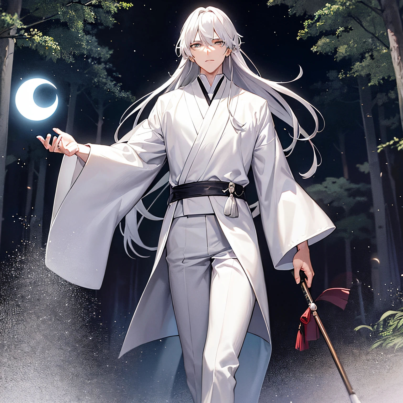 Tall man, white eyes, long gray hair, wearing a white kimono, with moon crescent patterns, white pants, walking in a forest at night, looking at the viewer, solo, cowboy shot, masterpiece