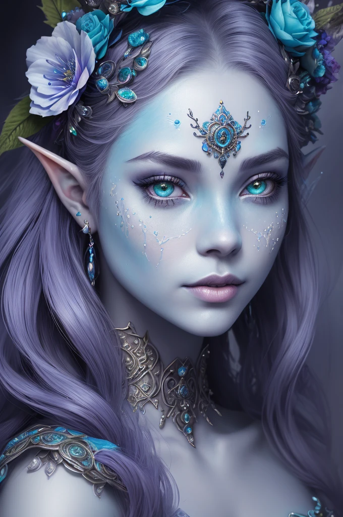 a close up of a woman with a blue face and a flower crown, digital art inspired by Hedi Xandt, trending on cg society, fantasy art, closeup fantasy with water magic, ornate cosplay, portrait of mermaid queen, fantasy portrait, beautiful fantasy portrait, portrait of very beautiful elf, detailed matte fantasy portrait, hyperdetailed fantasy character, portrait of mermaid warrior