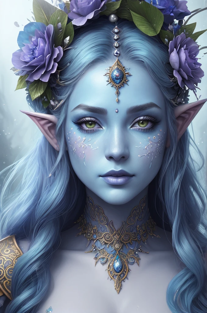 a close up of a woman with a blue face and a flower crown, digital art inspired by Hedi Xandt, trending on cg society, fantasy art, closeup fantasy with water magic, ornate cosplay, portrait of mermaid queen, fantasy portrait, beautiful fantasy portrait, portrait of very beautiful elf, detailed matte fantasy portrait, hyperdetailed fantasy character, portrait of mermaid warrior