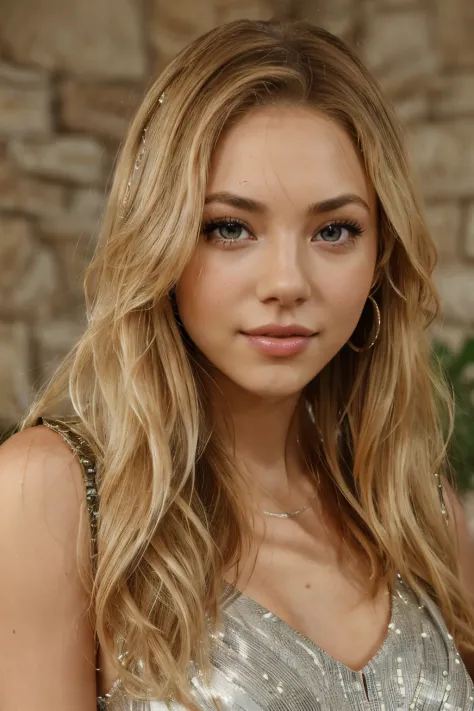 a close up of a woman ( named Brutsi ) in a silver dress posing for a picture, sydney sweeney, blonde hair and large eyes, portrait sophie mudd, annasophia robb as aphrodite, ellie victoria gale, portrait of annasophia robb, beautiful stella maeve magician...