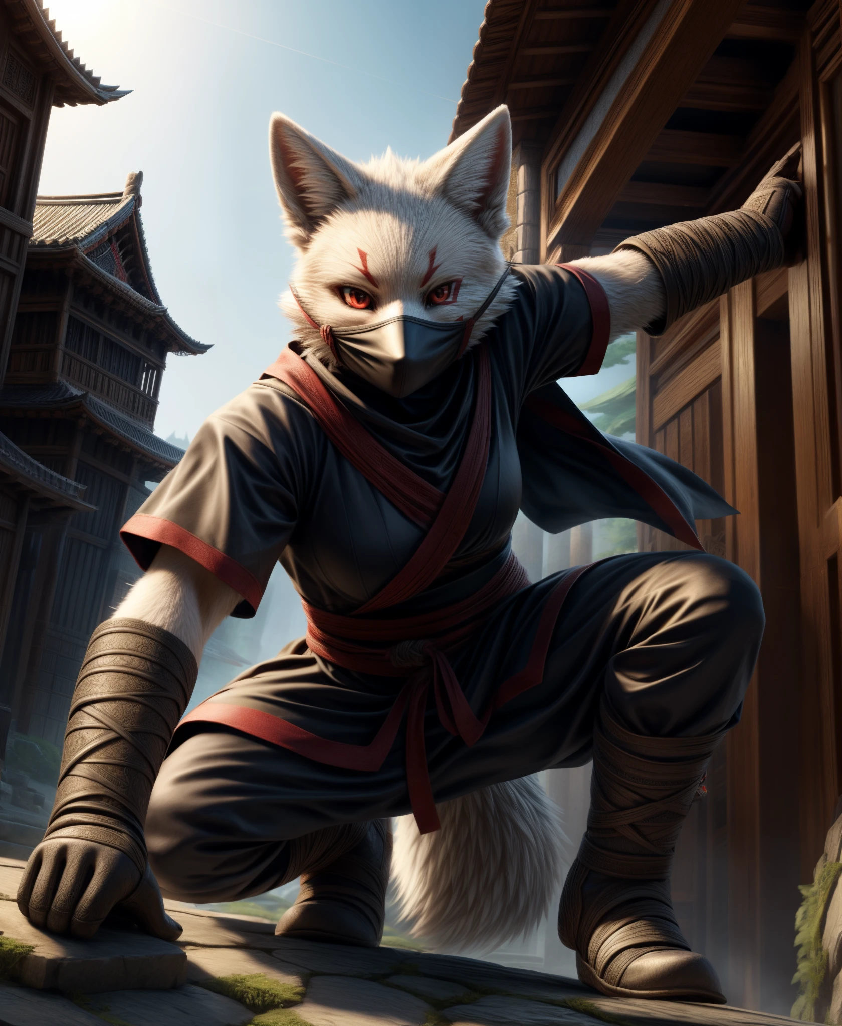 Meisterwerk realistisch, beste hohe Qualität, perfekte Details, komplizierte Details, schöne Beleuchtung, detaillierter Hintergrund, Ninja, schwarzes Outfit, weiblicher weißer Fuchs mit roten Markierungen, Kemono, Schutzmaske, Ninja-Aktionspose, magische Fantasie,