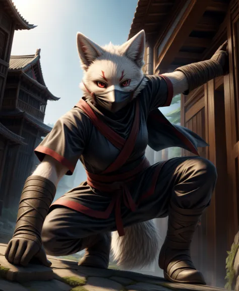 Masterpiece realistic, best high quality, perfect details, intricate details, nice lighting, detailed background, Ninja, black outfit, female white fox with red markings, kemono, face mask, ninja action pose, magic fantasy,