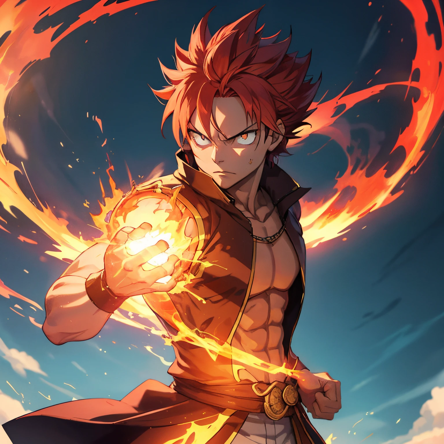 best qualityer,ultra detali,portraite,painting-like,magic of fire,red hair,dramatic lighting,flames,fierce expression,smoking hot,anime styling,vivid colors,fiery background,scorched earth,spiky hair,Dragon Slayer,echarpe,wild attitude,fire ball,Force,confidence,fiery eyes,intense aura,zoomed-in shot,action pose,Muscular Physique,Fantasy world,flaming fists,fighting spirit,unlimited power increase,majestic,roaring flames,fiery battle,Energetic,smitten,adventurous,heroic,Ambitious,Unwavering determination,Unstoppable,immense heat,raging hell,noble purpose