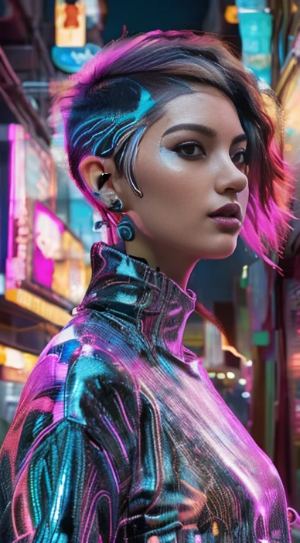 81
(a 20 yo woman,is standing), (A hyper-realistic), (Masterpiece), ((short-hair:1.46)), (Smooth black hair), (breast:1.0), (kindly smile) cyberpunk, future, neon