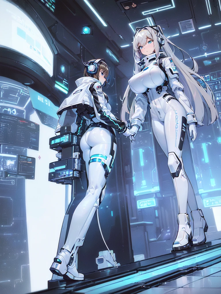 ​masterpiece:1.4, 1girl in ((20yr old, Wearing a futuristic white and silver costume, Tight Fit Bodysuit, long boots, Very gigantic-breasts, Multicolored blonde hair, a short bob, Perfect model body, Blue eyes:1.2, Wearing headphones, Looking out the window of the futuristic sci-fi space station、While admiring the beautiful galaxy:1.2, SFSF control room on night background:1.1, Neon and energetic atmosphere:1.2)) ((Galaxy))